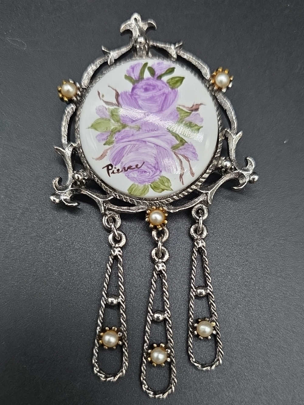 Vintage-Style Silver Floral Porcelain Pendant Brooch with Purple Rose